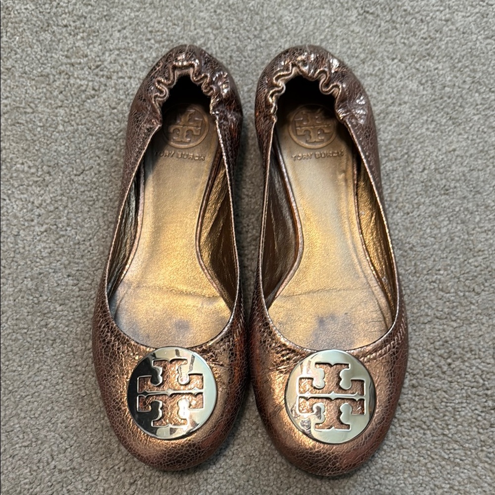 Tory Burch Metallic Bronze/Gold Leather Flats with Logo